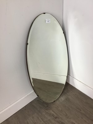 Lot 445 - AN OVAL BEVELLED WALL MIRROR, OTHER MIRROS AND PRINTS