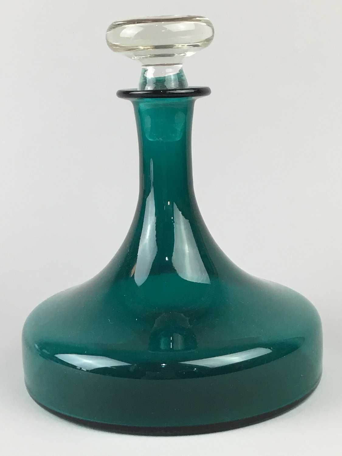 Lot 438 - A COLOURED GLASS DECANTER AND OTHER GLASS WARE