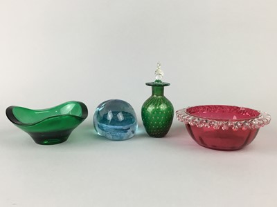 Lot 438 - A COLOURED GLASS DECANTER AND OTHER GLASS WARE