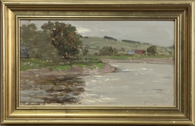 Lot 266 - SHEEP AT RIVERSIDE, AN OIL BY JOHN CAMPBELL MITCHELL
