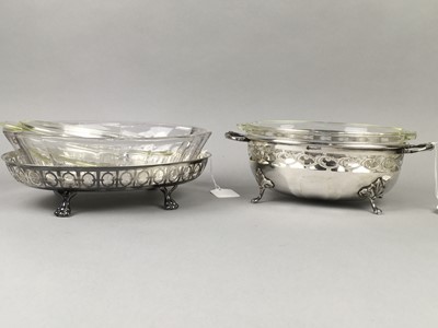 Lot 71 - A LOT OF THREE SILVER PLATED SERVING DISHES ALONG WITH A MANTEL CLOCK