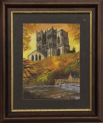 Lot 119 - DURHAM CATHEDRAL IN AUTUMN, A MIXED MEDIA BY NICHOLAS HORSFIELD