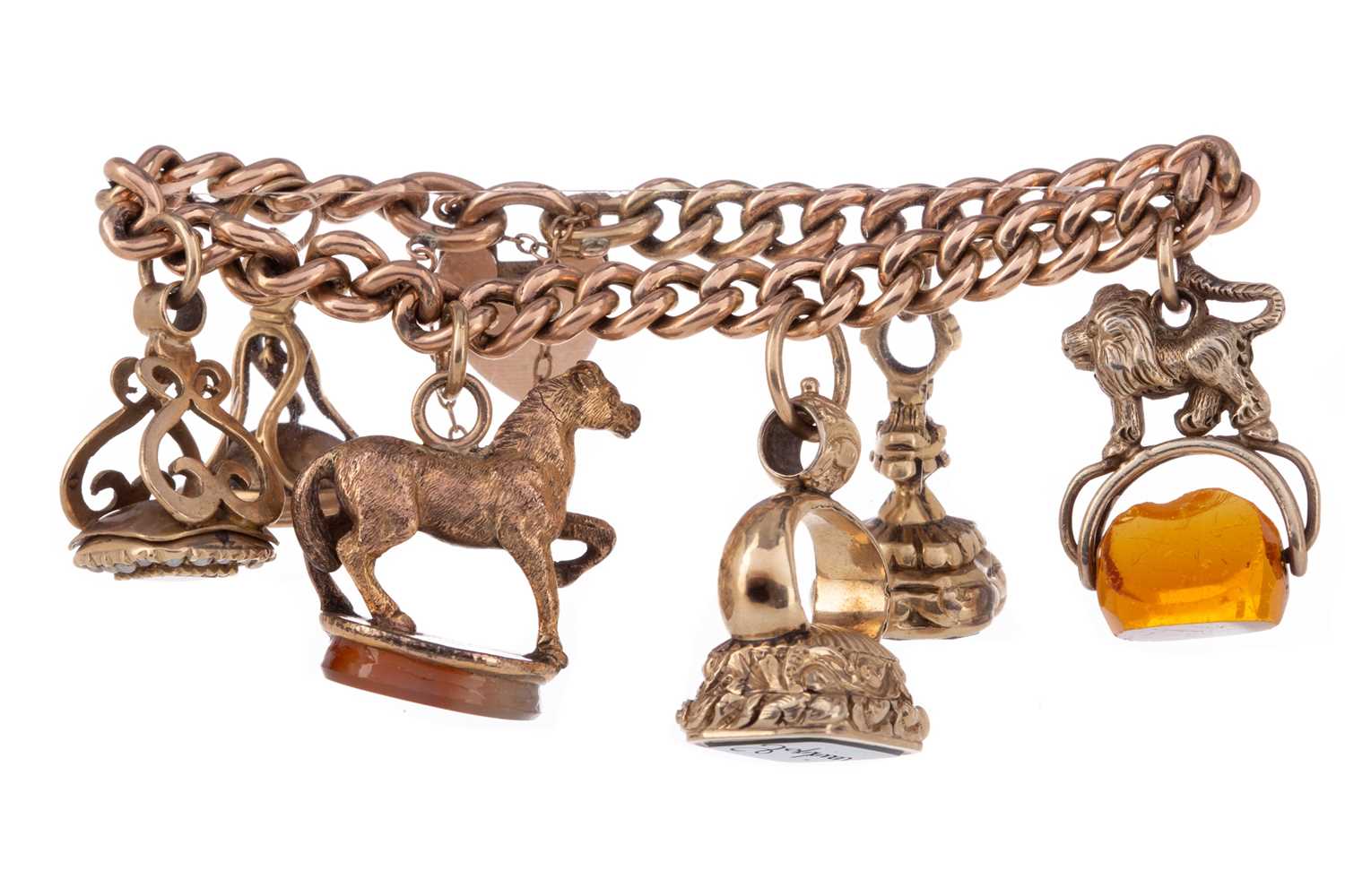 Lot 414 - A GOLD SEAL FOB CHARM BRACELET ALONG WITH A SEAL FOB PENDANT ON CHAIN