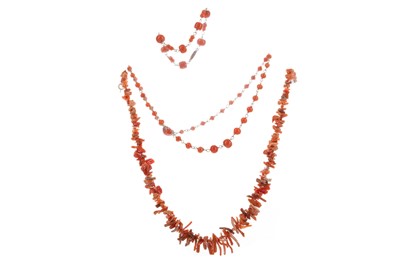 Lot 424 - A FOUR CORAL NECKLACES AND A SNAKE BRACELET
