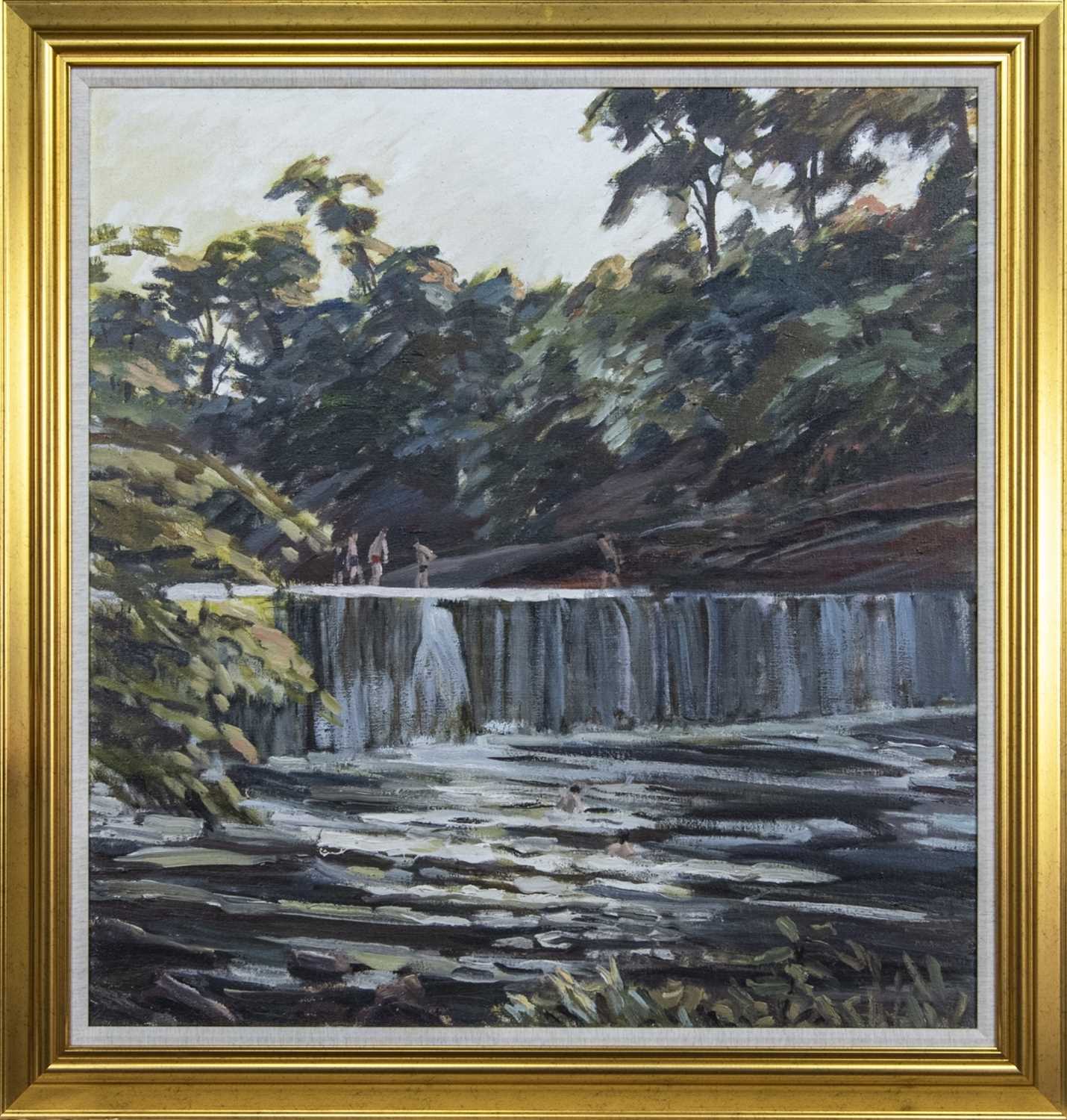 Lot 96 - MESSING AROUND ON THE RIVER, A LARGE OIL BY KATHLEEN RUSSELL