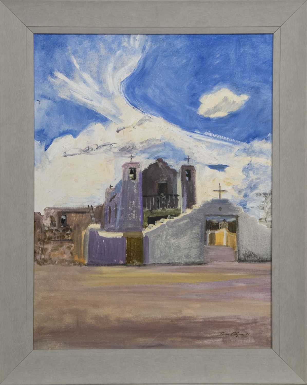 Lot 95 - THE OLD MISSION AND A STUNNING SKY, AN OIL BY THORA CLYNE