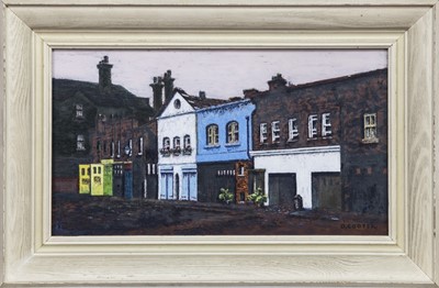 Lot 108 - STREET SCENE WITH WHITE AND BLUE HOUSES, AN OIL BY DAVID COOPER