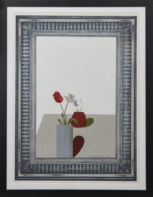 Lot 106 - PICTURE OF A STILL LIFE THAT HAS AN ELABORATE SILVER FRAME, A PRINT BY DAVID HOCKNEY