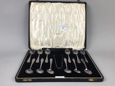 Lot 40 - A SET OF TWELVE SILVER TEASPOONS AND TONGS ALONG WITH OTHER SILVER AND PLATE