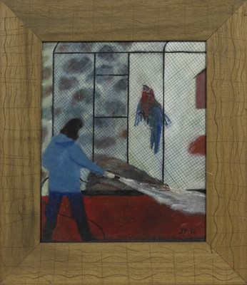 Lot 138 - HOSING DOWN THE PARROT HOUSE, AN OIL BY JANET PATTERSON