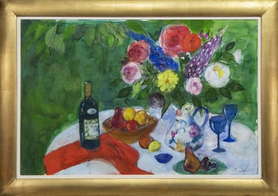 Lot 186 - GARDEN STILL LIFE WITH ROSES AND FOXGLOVES, A WATERCOLOUR BY ANN ORAM
