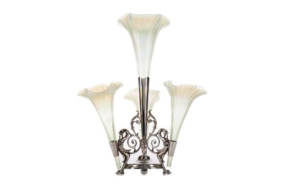 Lot 118 - AN EDWARDIAN SILVER PLATED AND VASELINE GLASS EPERGNE