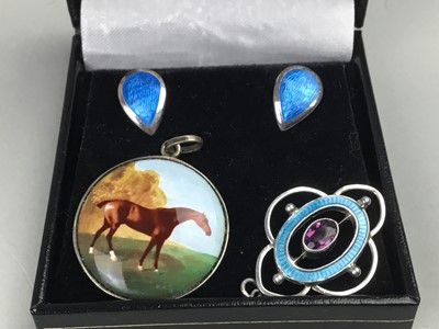 Lot 9 - A SILVER AND ENAMEL HORSE PENDANT, ALSO EARRINGS AND ANOTHER PENDANT