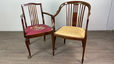 Lot 203 - AN INLAID OPEN TUB CHAIR AND AN OPEN ELBOW CHAIR