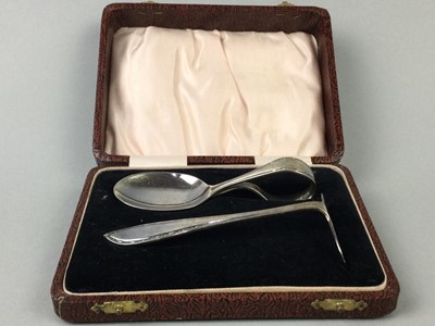 Lot 231 - A SPOON AND PUSHER SET AND TWELVE SILVER SPOONS AND TONGS