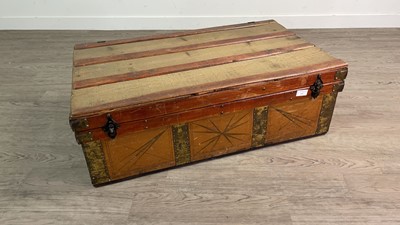 Lot 210 - A VINTAGE WOOD, LEATHER AND CANVAS TRUNK