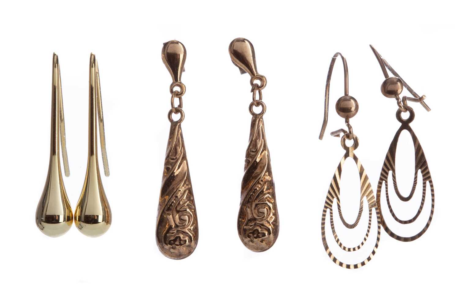 Lot 510 - THREE PAIRS OF GOLD EARRINGS