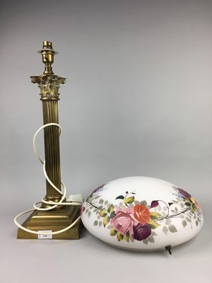 Lot 144 - A LOT OF TWO BRASS CORINTHIAN COLUMN TABLE LAMPS AND A CEILING PENDANT