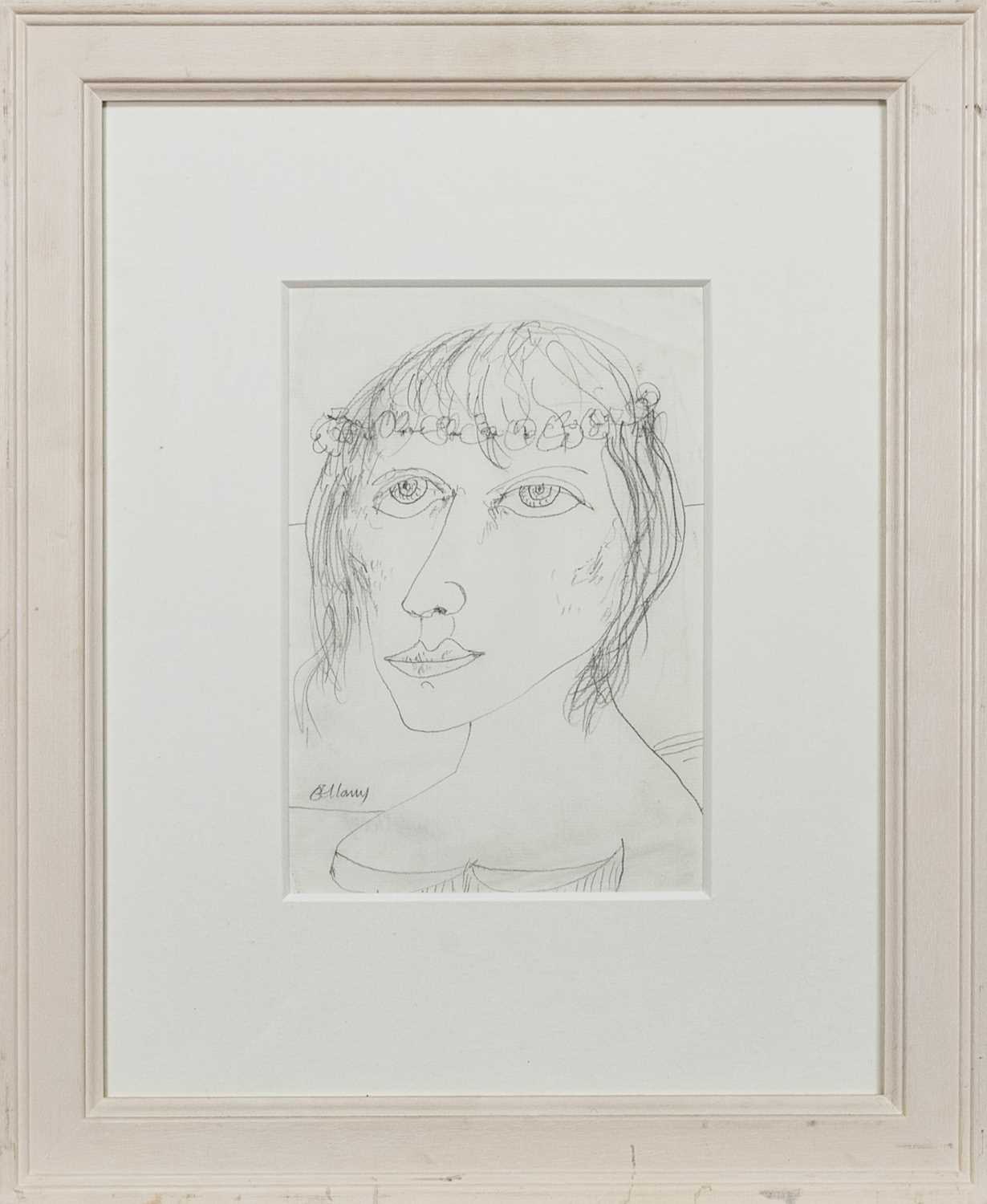 Lot 228 - WOMAN WITH FLOWER CROWN, A PENCIL DRAWING BY JOHN BELLANY