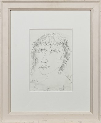 Lot 228 - WOMAN WITH FLOWER CROWN, A PENCIL DRAWING BY JOHN BELLANY