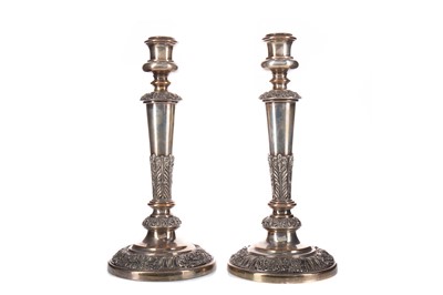 Lot 124 - A PAIR OF OLD SHEFFIELD PLATE CANDLESTICKS