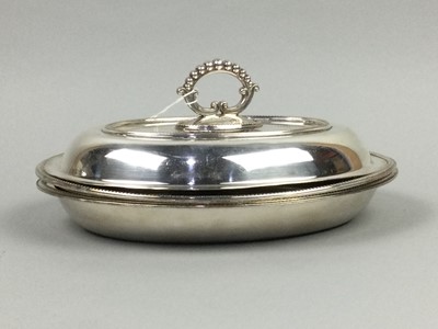 Lot 150 - A SILVER PLATED BREAKFAST DISH AND A PAIR OF ENTREE DISHES