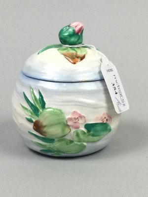 Lot 354 - A CLARICE CLIFF LIDDED CONDIMENT JAR, TWO MOORCROFT PLATES AND OTHER CERAMICS