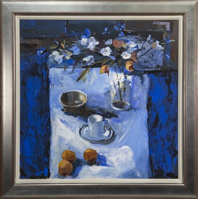 Lot 284 - TABLETOP WITH MIXED FLOWERS, A MIXED MEDIA BY MARY DAVIDSON
