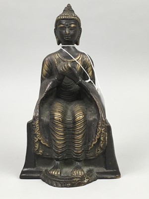 Lot 380 - A BRONZE FIGURE OF A BUDDHA, PAIR OF VASES AND A HARDSTONE TREE