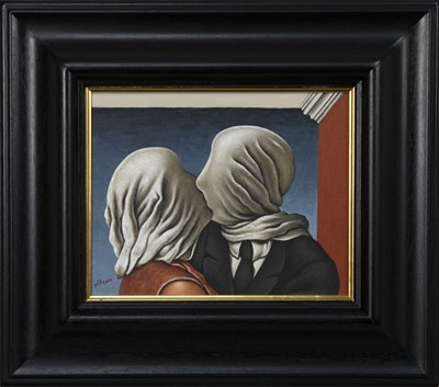 Lot 158 - THE LOVERS, HOMAGE TO MAGRITTE, AN OIL BY GRAHAM MCKEAN