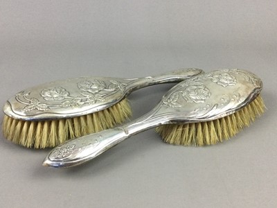 Lot 383 - A PAIR OF SILVER MOUNTED HAIRBRUSHES AND A SILVER MOUNTED WALKING CANE