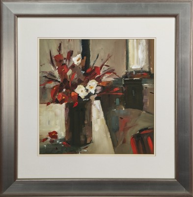 Lot 285 - INTERIOR WITH RED & WHITE FLOWERS, A MIXED MEDIA BY MARY DAVIDSON