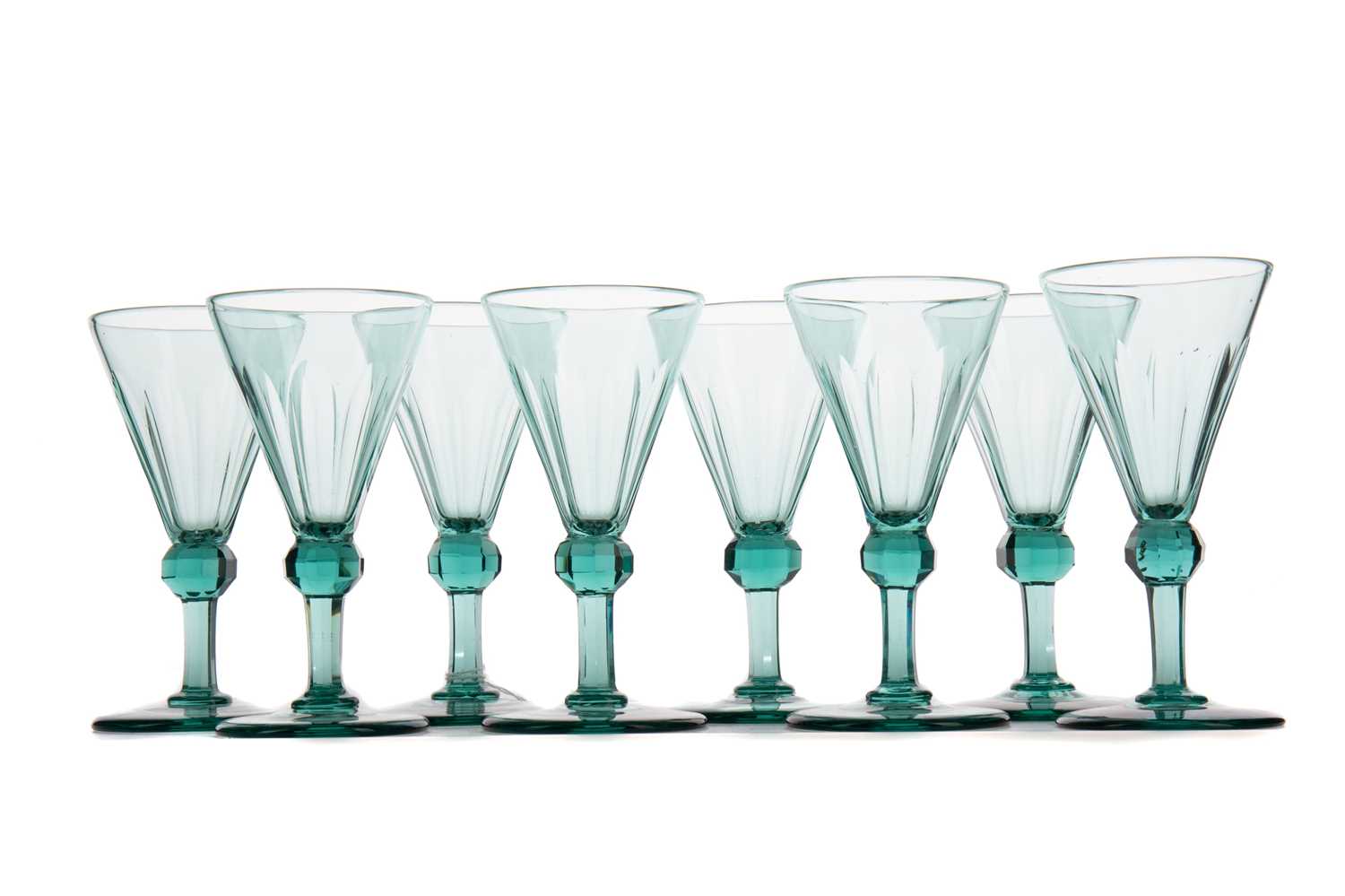 Lot 733 - A SET OF EIGHT LATE 19TH/ EARLY 20TH CENTURY TEAL WINE GLASSES