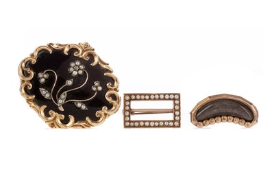 Lot 654 - TWO MOURNING BROOCHES AND A PEARL BROOCH