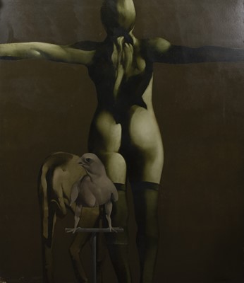 Lot 253 - NUDE WITH ARMS RAISED, AN OIL BY NEIL DALLAS BROWN
