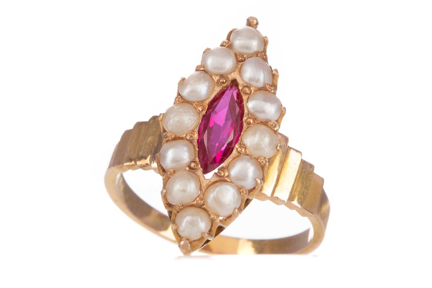 Lot 670 - A RUBY AND PEARL RING