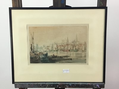 Lot 65 - A WATERCOLOUR BY C. LENNOX ALONG WITH THREE COLOURED ETCHINGS