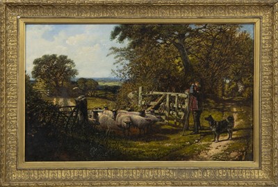 Lot 318 - SHEPHERD, DOG & FLOCK BY GATE, AN OIL ATTRIBUTED TO GEORGE WILLIAM MORTE