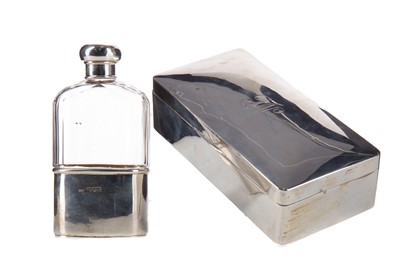 Lot 150 - A GEORGE V SILVER CIGARETTE BOX, ALONG WITH A HIP FLASK