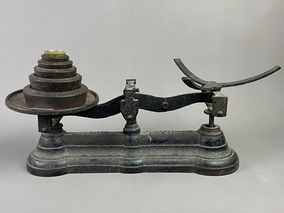 Lot 230 - A SET OF VINTAGE SCALES, BRASS OIL LAMP AND A MINERS LAMP
