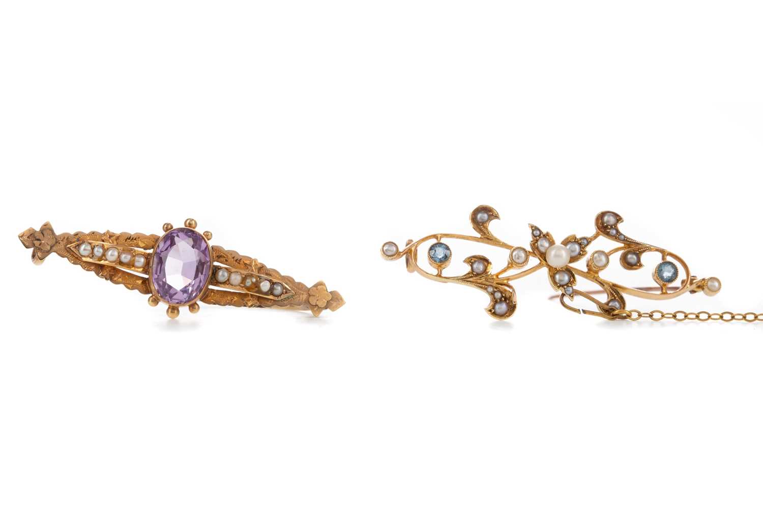 Lot 678 - TWO GEM SET AND PEARL BROOCHES