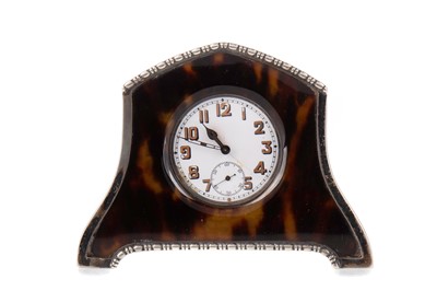Lot 155 - AN ART DECO SILVER AND TORTOISESHELL BEDSIDE TIMEPIECE