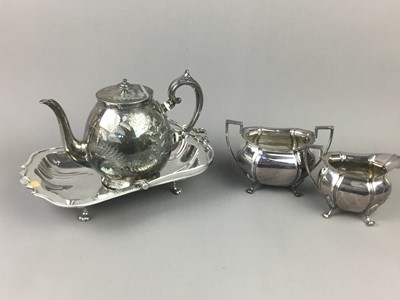 Lot 66 - A SILVER PLATED THREE PIECE TEA SERVICE AND OTHER PLATED WARE