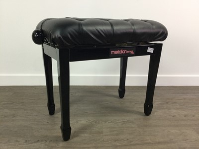 Lot 127 - A MODERN BLACK LACQUERED PIANO STOOL, DROP LEAF TABLE AND CAKESTAND