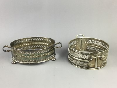 Lot 193 - A PAIR OF PLATED CANDLESTICKS, BOTTLE HOLDERS AND OTHER ITEMS