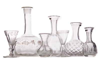 Lot 757 - TWO LATE GEORGIAN GIN GLASSES, ALONG WITH FIVE DECANTERS