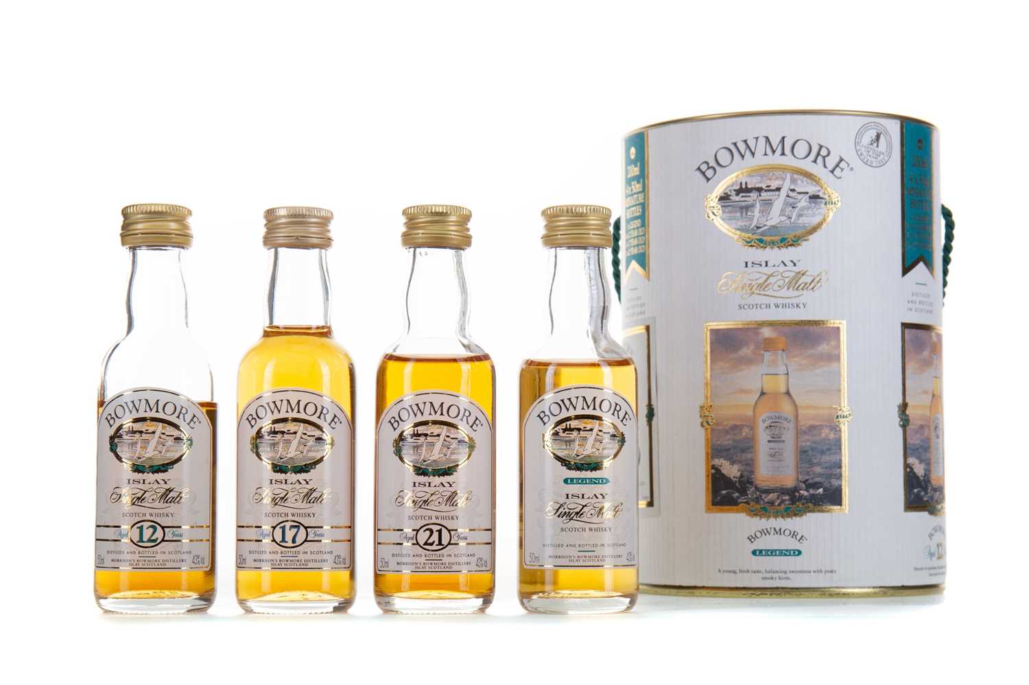 Lot 42 - BOWMORE MINIATURE COLLECTION (4 MINIS) - INCLUDING 21 YEAR OLD