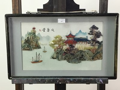 Lot 142 - A CHINESE MIXED MEDIA COLLAGE ALONG WITH TWO NEEDLEWORKS AND A SILK PRINT