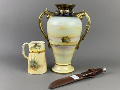 Lot 288 - A DOULTON EGLINGTON JUG, ANOTHER JUG, PAIR OF BOOKENDS, HUNTING KNIFE AND OTHER OBJECTS