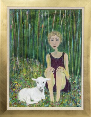 Lot 200 - GIRL AND LAMB, AN OIL BY JULIE BARNES